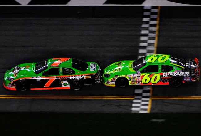 DAYTONA BEACH, FL - FEBRUARY 06:  Danica Patrick #7 leads Patrick Sheltra #60 during the ARCA Racing Series Lucas Oil Slick Mist 200 at Daytona International Speedway on February 6, 2010 in Daytona Beach, Florida.  (Photo by Sam Greenwood/Getty Images)
