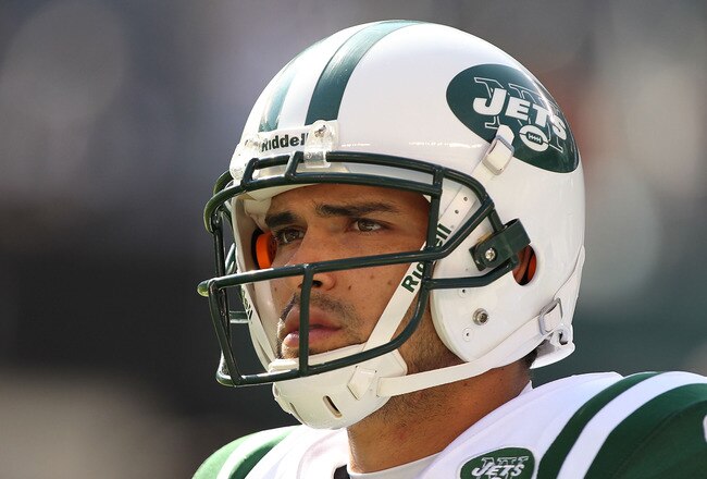 EAST RUTHERFORD, NJ - SEPTEMBER 19:  Mark Sanchez #6 of the New York Jets looks on during warmups prior to the game against the New England Patriots on September 19, 2010 at the New Meadowlands Stadium  in East Rutherford, New Jersey.  (Photo by Al Bello/Getty Images)