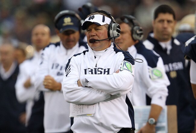 SOUTH BEND, IN - SEPTEMBER 25: Head coach Brian Kelly of the Notre Dame Fighting Irish watches as his team takes on the Stanford Cardinal at Notre Dame Stadium on September 25, 2010 in South Bend, Indiana. Stanford defeated Notre Dame 37-14.  (Photo by Jonathan Daniel/Getty Images)