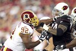 GLENDALE, AZ - SEPTEMBER 02:  Defensive tackle Albert Haynesworth #92 of the Washington Redskins in action during preseason NFL game against the Arizona Cardinals at the University of Phoenix Stadium on September 2, 2010 in Glendale, Arizona.  The Cardinals defeated the Redskins 20-10.  (Photo by Christian Petersen/Getty Images)
