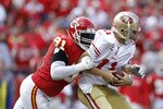KANSAS CITY, MO - SEPTEMBER 26: Tamba Hali #91 of the Kansas City Chiefs sacks Alex Smith #11 of the San Francisco 49ers at Arrowhead Stadium on September 26, 2010 in Kansas City, Missouri. The Chiefs won 31-10. (Photo by Joe Robbins/Getty Images)