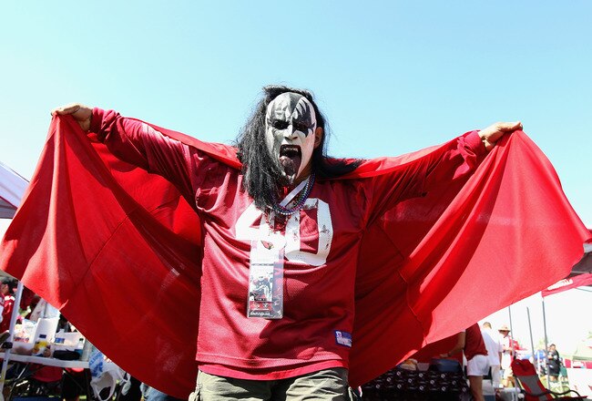 GLENDALE, AZ - SEPTEMBER 26:   A fan of the Arizona Cardinals wearing a 'Kiss' mask poses before the NFL game against the Oakland Raiders at the University of Phoenix Stadium on September 26, 2010 in Glendale, Arizona.  (Photo by Christian Petersen/Getty Images)