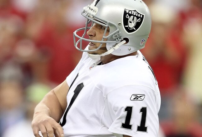 GLENDALE, AZ - SEPTEMBER 26:  Kicker Sebastian Janikowski #11 of the Oakland Raiders watches his missed 32 yard field goal against the Arizona Cardinals during the NFL game at the University of Phoenix Stadium on September 26, 2010 in Glendale, Arizona. The Cardinals defeated the Raiders 24-23.  (Photo by Christian Petersen/Getty Images)