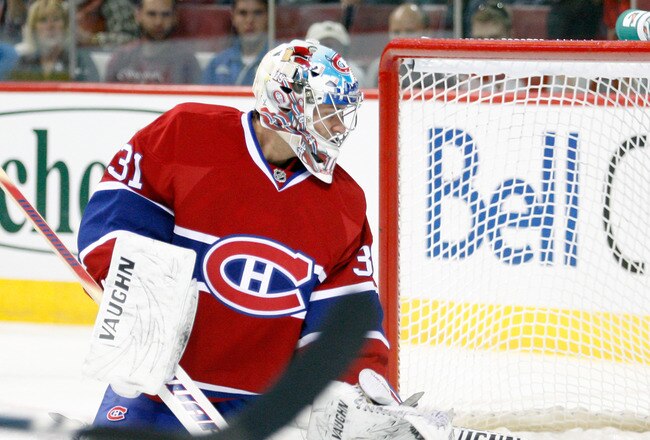 MONTREAL, CANADA - SEPTEMBER 22:  Carey Price #31 of the Montreal Canadiens lets in the puck on a shot by Nathan Horton #18 of the Boston Bruins during an NHL pre-season game at the Bell Centre on September 22, 2010 in Montreal, Quebec, Canada.  (Photo by Richard Wolowicz/Getty Images)