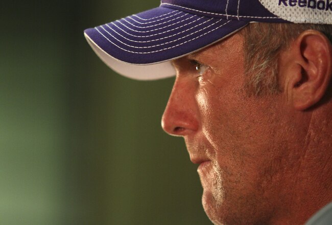 EDEN PRAIRIE, MN - AUGUST 18: Minnesota Vikings quarterback Brett Favre addresses the media at a press conference after the first morning practice since returning to Vikings Winter Park on August 18, 2010 in Eden Prairie, Minnesota. Favre injured his ankle last year and had been reportedly considering retiring after one season with the Vikings.  (Photo by Adam Bettcher/Getty Images)