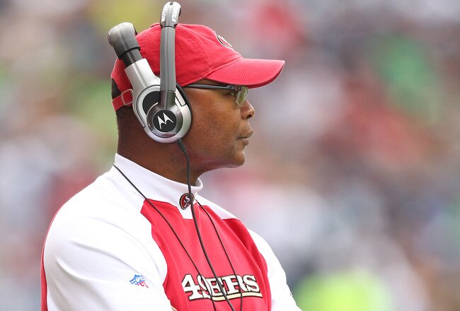 SEATTLE - SEPTEMBER 12:  Head coach Mike Singletary of the San Francisco 49ers looks on during the NFL season opener against the Seattle Seahawks at Qwest Field on September 12, 2010 in Seattle, Washington. (Photo by Otto Greule Jr/Getty Images)