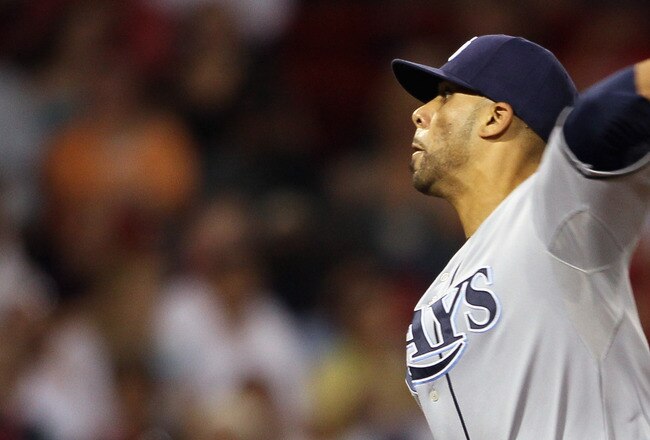 BOSTON - SEPTEMBER 07:  David Price #14 of the Tampa Bay Rays delivers a pitch in the first inning against the Boston Red Sox on September 7, 2010 at Fenway Park in Boston, Massachusetts.  (Photo by Elsa/Getty Images)