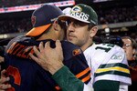 CHICAGO - SEPTEMBER 27:  Aaron Rodgers #12 of the Green Bay Packers congratulates Jay Cutler #6 of the Chicago Bears after the Bears won 20-17 at Soldier Field on September 27, 2010 in Chicago, Illinois.  (Photo by Jonathan Daniel/Getty Images)