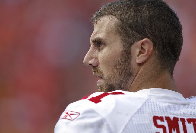 KANSAS CITY, MO - SEPTEMBER 26: Alex Smith #11 of the San Francisco 49ers looks on during the game against the Kansas City Chiefs at Arrowhead Stadium on September 26, 2010 in Kansas City, Missouri. The Chiefs won 31-10. (Photo by Joe Robbins/Getty Images)