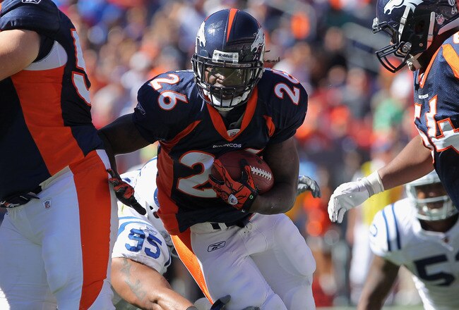 DENVER - SEPTEMBER 26:  Running back Laurence Maroney #26 of the Denver Broncos rushes with the ball against the Indianapolis Colts at INVESCO Field at Mile High on September 26, 2010 in Denver, Colorado. The Colts defeated the Broncos 27-13.  (Photo by Doug Pensinger/Getty Images)