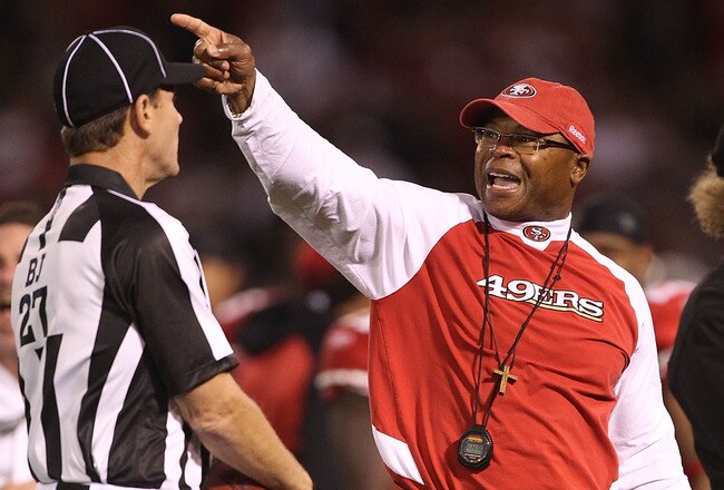 SAN FRANCISCO - SEPTEMBER 20:  Head coach Mike Singletary of the San Francisco 49er talks to a referee against the New Orleans Saints during an NFL game at Candlestick Park on September 20, 2010 in San Francisco, California.(Photo by Jed Jacobsohn/Getty Images)