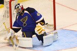 ST. LOUIS - SEPTEMBER 21: Jaroslav Halak #41 of the St. Louis Blues allows a goal against the Colorado Avalanche during a pre-season game at the Scottrade Center on September 21, 2010 in St. Louis, Missouri.  (Photo by Dilip Vishwanat/Getty Images)