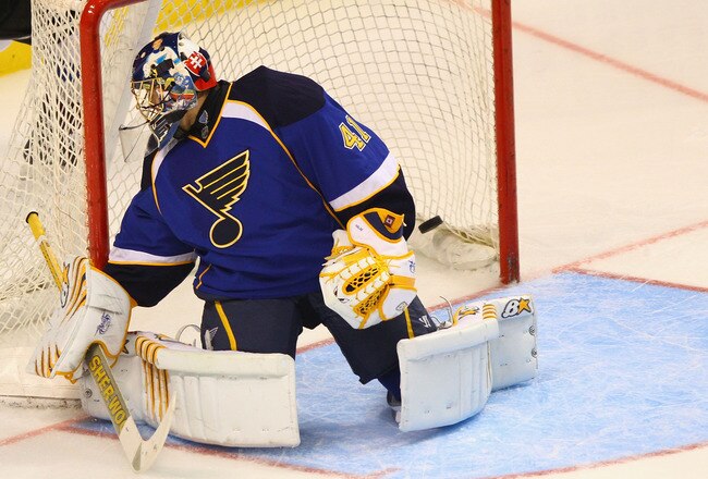 ST. LOUIS - SEPTEMBER 21: Jaroslav Halak #41 of the St. Louis Blues allows a goal against the Colorado Avalanche during a pre-season game at the Scottrade Center on September 21, 2010 in St. Louis, Missouri.  (Photo by Dilip Vishwanat/Getty Images)