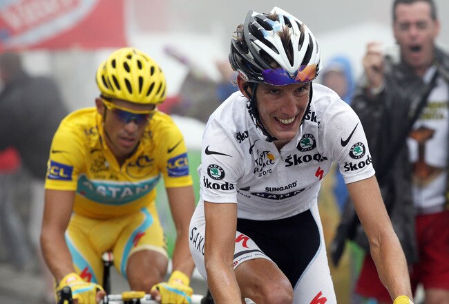 COL DU TOURMALET, FRANCE - JULY 22:  Andy Schleck of Luxembourg and Team Saxo Bank is followed by Alberto Contador of Spain and the Astana Team as he attacks up the slopes of the Col du Tourmalet during stage seventeen of the 2010 Tour de France from Pau to Col du Tourmalet on July 22, 2010 on the Col du Tourmalet, France.  (Photo by Bryn Lennon/Getty Images)