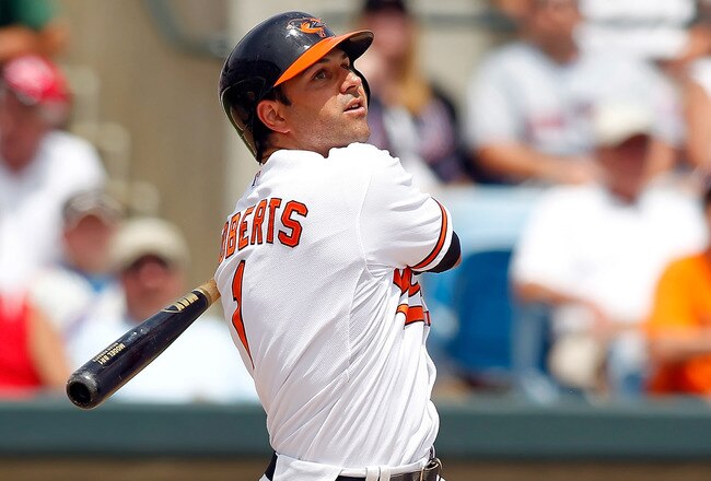 SARASOTA, FL - APRIL 03:  Infielder Brian Roberts #1 of the Baltimore Orioles fouls off a pitch against the New York Mets during a Grapefruit League Spring Training Game at Ed Smith Stadium on April 3, 2010 in Sarasota, Florida.  (Photo by J. Meric/Getty Images)