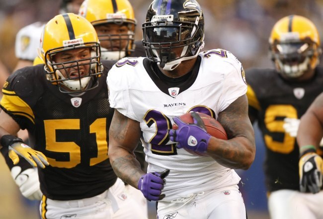PITTSBURGH - DECEMBER 27:  Willis McGahee #23 of the Baltimore Ravens carries the ball against James Farrior #51 of the Pittsburgh Steelers on December 27, 2009 at Heinz Field in Pittsburgh, Pennsylvania. (Photo by Gregory Shamus/Getty Images)