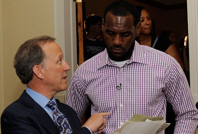 GREENWICH, CT - JULY 08:  (EXCLUSIVE COVERAGE)  Jim Gray of ESPN speaks with LeBron James at attends the LeBron James Pre Decision Meet and Greet on July 8, 2010 in Greenwich, Connecticut. Proceeds from tonight's 2.5 million dollar event will be donated to the Boys & Girls Clubs of America.  (Photo by Larry Busacca/Getty Images for Estabrook Group)