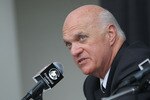 NEWARK, NJ - JULY 20: General Manager Lou Lamoriello of the New Jersey Devils speaks with the media during a press conference regarding Ilya Kovalchuk's contract renewal at the Prudential Center on July 20, 2010 in Newark, New Jersey. (Photo by Bruce Bennett/Getty Images)