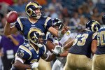 ST. LOUIS - SEPTEMBER 2: Sam Bradford #8 of the St. Louis Rams passes against the Baltimore Ravens during an NFL preseason game at the Edward Jones Dome on September 2, 2010 in St. Louis, Missouri.  (Photo by Dilip Vishwanat/Getty Images)