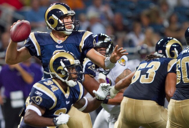 ST. LOUIS - SEPTEMBER 2: Sam Bradford #8 of the St. Louis Rams passes against the Baltimore Ravens during an NFL preseason game at the Edward Jones Dome on September 2, 2010 in St. Louis, Missouri.  (Photo by Dilip Vishwanat/Getty Images)