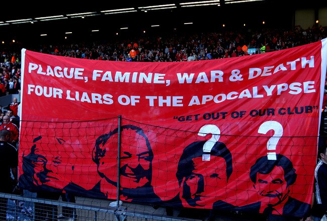 LIVERPOOL, ENGLAND - SEPTEMBER 25:  Liverpool  fans display anti American banners before the Barclays Premier League match between Liverpool and Sunderland at at Anfield on September 25, 2010 in Liverpool, England.  (Photo by Clive Brunskill/Getty Images)