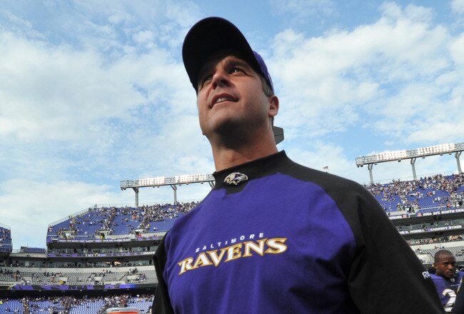 BALTIMORE - SEPTEMBER 26:  Head coach John Harbaugh of the Baltimore Ravens walks off the field after the game against the Cleveland Browns  at M&T Bank Stadium on September 26, 2010 in Baltimore, Maryland. The Ravens defeated the Browns 24-17. (Photo by Larry French/Getty Images)