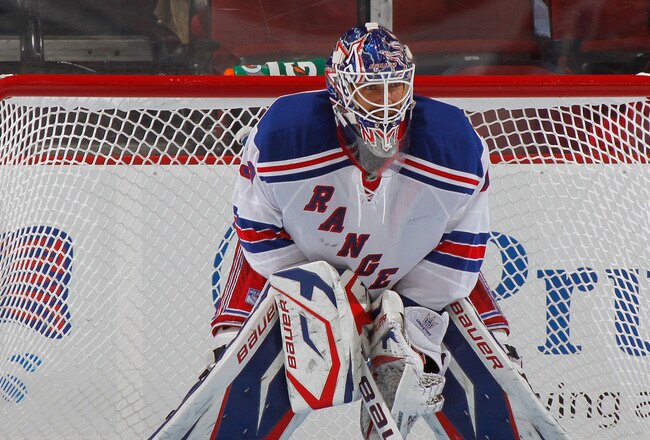 NEWARK, NJ - SEPTEMBER 25: Goalie Henrik Lundqvist #30 of the New York Rangers during a preseason hockey game against the New Jersey Devils at the Prudential Center on September 25, 2010 in Newark, New Jersey.  (Photo by Paul Bereswill/Getty Images)