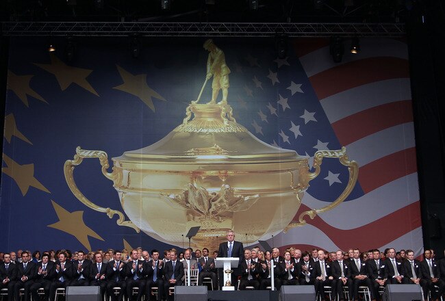 NEWPORT, WALES - SEPTEMBER 30:  General View as Europe Team Captain Colin Montgomerie speaks during the Opening Ceremony prior to the 2010 Ryder Cup at the Celtic Manor Resort on September 30, 2010 in Newport, Wales.  (Photo by Ross Kinnaird/Getty Images)