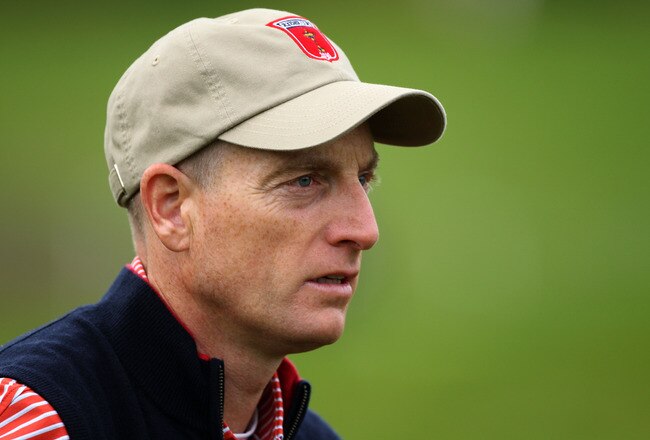NEWPORT, WALES - SEPTEMBER 30:  Jim Furyk of the USA looks on during a practice round prior to the 2010 Ryder Cup at the Celtic Manor Resort on September 30, 2010 in Newport, Wales.  (Photo by Andy Lyons/Getty Images)