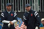 NEWPORT, WALES - OCTOBER 01:  Stewart Cink (L) and Matt Kuchar of the USA wait on the first hole during the Morning Fourball Matches during the 2010 Ryder Cup at the Celtic Manor Resort on October 1, 2010 in Newport, Wales.  (Photo by Andrew Redington/Getty Images)