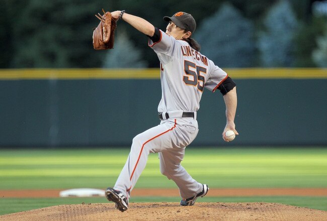 DENVER - SEPTEMBER 24:  Starting pitcher Tim Lincecum #55 of the San Francisco Giants delivers against the Colorado Rockies at Coors Field on September 24, 2010 in Denver, Colorado. Lincecum earned the win as the Giants defeated the Rockies 2-1.  (Photo by Doug Pensinger/Getty Images)