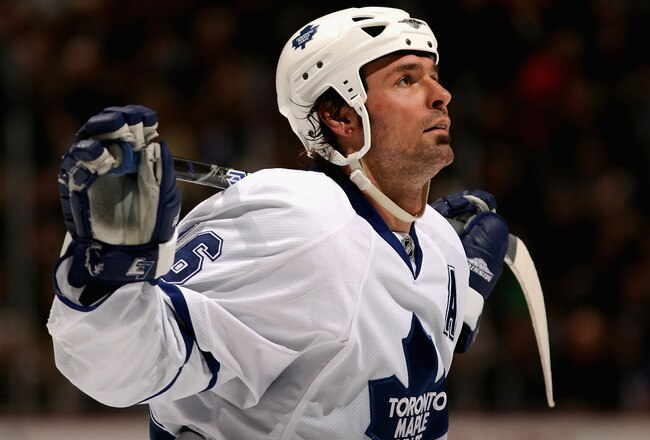 ANAHEIM, CA - JANUARY 09:  Darcy Tucker #16 of the Toronto Maple Leafs reacts during the NHL game against the Anaheim Ducks at Honda Center on January 9, 2008 in Anaheim, California.  (Photo by Christian Petersen/Getty Images)