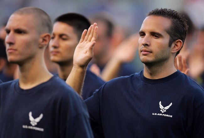 CARSON, CA - JULY 22:  Members of a U.S. Air Force recruit class are sworn in to the U.S. Air Force prior to the MLS match between the San Jose Earthquakes and the Los Angeles Galaxy at The Home Depot Center on July 22, 2010 in Carson, California. Donovan scored on the rebound to tie the game 2-2. The Earthquakes and the Galaxy played to a 2-2 draw.  (Photo by Victor Decolongon/Getty Images)