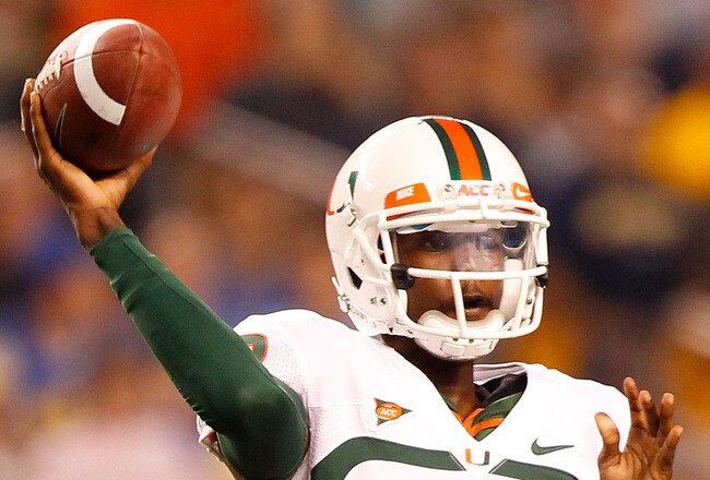 PITTSBURGH - SEPTEMBER 23:  Jacory Harris #12 of the Miami Hurricanes drops back to pass against the Pittsburgh Panthers on September 23, 2010 at Heinz Field in Pittsburgh, Pennsylvania.  (Photo by Jared Wickerham/Getty Images)