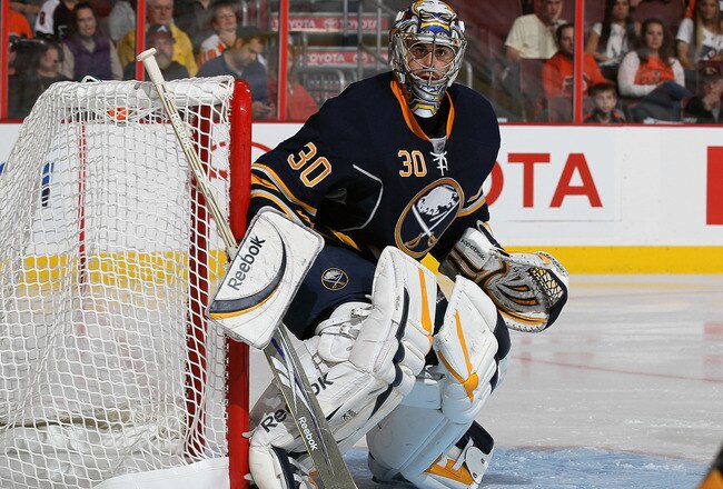 PHILADELPHIA - OCTOBER 01:  Ryan Miller #30 of the Buffalo Sabres defends against the Philadelphia Flyers on October 1, 2010 at Wells Fargo Center in Philadelphia, Pennsylvania.  (Photo by Jim McIsaac/Getty Images)