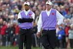 NEWPORT, WALES - OCTOBER 02:  Steve Stricker (R) of the USA waits with Tiger Woods during the rescheduled Morning Fourball Matches during the 2010 Ryder Cup at the Celtic Manor Resort on October 2, 2010 in Newport, Wales.  (Photo by Andy Lyons/Getty Images)