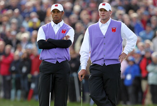 NEWPORT, WALES - OCTOBER 02:  Steve Stricker (R) of the USA waits with Tiger Woods during the rescheduled Morning Fourball Matches during the 2010 Ryder Cup at the Celtic Manor Resort on October 2, 2010 in Newport, Wales.  (Photo by Andy Lyons/Getty Images)