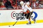 WASHINGTON - MARCH 28:  Jay Bouwmeester #4 of the Calgary Flames handles the puck against the Washington Capitals at the Verizon Center on March 28, 2010 in Washington, DC.  (Photo by Greg Fiume/Getty Images)