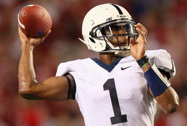 TUSCALOOSA, AL - SEPTEMBER 11:  Quarterback Robert Bolden #1 of the Penn State Nittany Lions against the Alabama Crimson Tide at Bryant-Denny Stadium on September 11, 2010 in Tuscaloosa, Alabama.  (Photo by Kevin C. Cox/Getty Images)