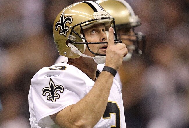 NEW ORLEANS - OCTOBER 03:  Kicker John Carney #3 of the New Orleans Saints reacts after a field goal against the Carolina Panthers at the Louisiana Superdome on October 3, 2010 in New Orleans, Louisiana.  (Photo by Ronald Martinez/Getty Images)