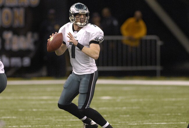 Philadelphia Eagles quarterback Jeff Garcia sets to pass against the New Orleans Saints  in an NFL second-round playoff game on January 13, 2007 in the Superdome in New Orleans, Louisiana.  (Photo by Al Messerschmidt/Getty Images)