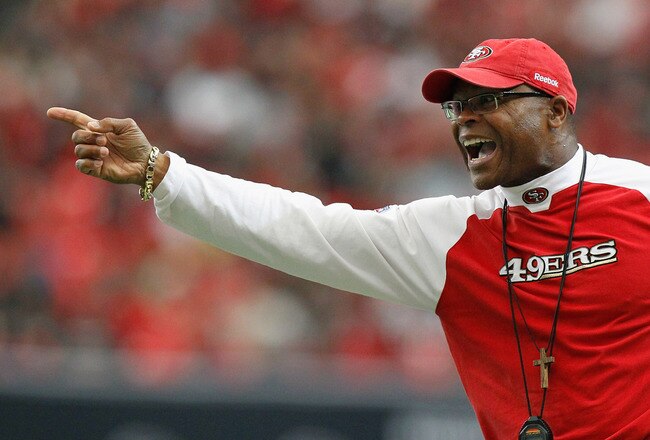 ATLANTA - OCTOBER 03:  Head coach Mike Singletary of the San Francisco 49ers questions a call during the game against the Atlanta Falcons at Georgia Dome on October 3, 2010 in Atlanta, Georgia.  (Photo by Kevin C. Cox/Getty Images)