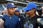 NEW YORK - APRIL 17:  Manager Jerry Manual of the New York Mets greets bench coach Willie Randolph of the Milwaukee Brewers before their game on April 17, 2009 at Citi Field in the Flushing neighborhood of the Queens borough of New York City.  (Photo by Jim McIsaac/Getty Images)