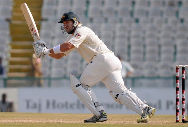 MOHALI, INDIA - OCTOBER 04:  Shane Watson of Australia plays a shot during day four of the First Test match between India and Australia at Punjab Cricket Association Stadium on October 5, 2010 in Mohali, India. (Photo by Pal Pillai/Getty Images)