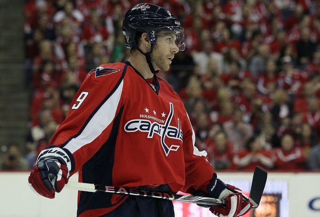 WASHINGTON DC, DC - APRIL 23:  Brendan Morrison #9 of the Washington Capitals looks on against the Montreal Canadiens in Game Five of the Eastern Conference Quarterfinals during the 2010 NHL Stanley Cup Playoffs at the Verizon Center on April 23, 2010 in Washington, DC.  (Photo by Jim McIsaac/Getty Images)