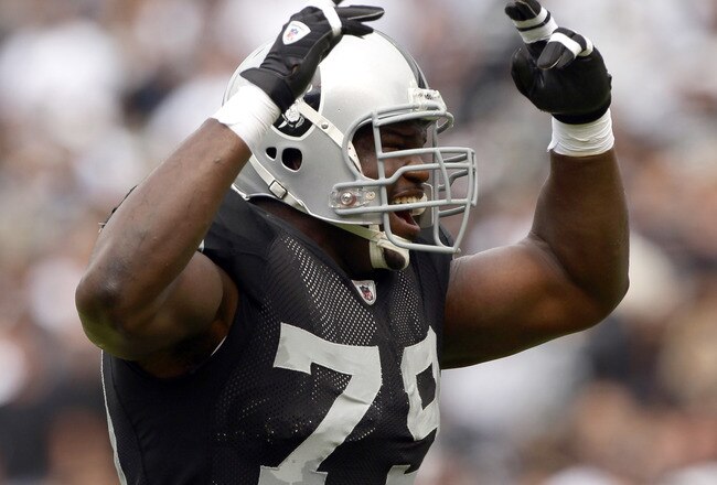 OAKLAND, CA - SEPTEMBER 19:  John Henderson #79 of the Oakland Raiders in action during their game against the St. Louis Rams at the Oakland-Alameda County Coliseum on September 19, 2010 in Oakland, California.  (Photo by Ezra Shaw/Getty Images)