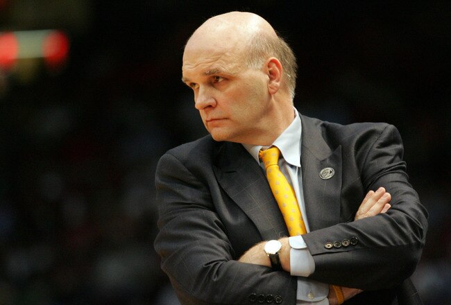 BIRMINGHAM, AL - MARCH 21:  Phil Martelli of the Saint Joseph's Hawks watches his team during the first round game against Oklahoma of the East Regional as part of the 2008 NCAA Men's Basketball Tournament at the Birmingham-Jefferson Civic Center on March 21, 2008 in Birmingham, Alabama.  (Photo by Dave Martin/Getty Images)