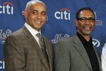 LONG ISLAND CITY, NY - DECEMBER 17: (L-R) General Manager Omar Minaya, Manager Jerry Manuel, Francisco Rodriquez and Chief Operating Officer Jeff Wilpon of the New York Mets pose for a photo during a press conference to introduce Rodriquez on December 17, 2008 at the Citigroup Building in New York City.  (Photo by Mike Stobe/Getty Images)
