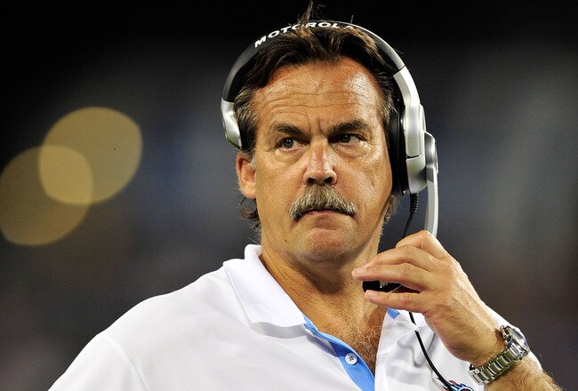 NASHVILLE, TN - SEPTEMBER 02:  Coach Jeff Fisher of the Tennessee Titans watches during an exhibition game against the New Orleans Saints at LP Field on September 2, 2010 in Nashville, Tennessee. Tennessee won 27-24.  (Photo by Grant Halverson/Getty Images)