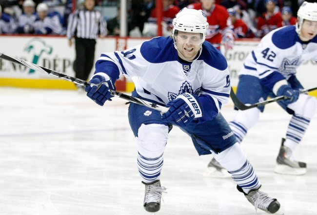 MONTREAL- APRIL 10:  Phil Kessel #81 of the Toronto Maple Leafs chases the puck during the NHL game against the Montreal Canadiens on April 10, 2010 at the Bell Centre in Montreal, Quebec, Canada.  The Maple Leafs defeated the Canadiens 4-3 in overtime.  (Photo by Richard Wolowicz/Getty Images)